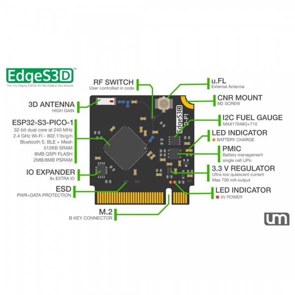 Unexpected Maker EdgeS3[D] - ESP32-S3 Development Board - M.2 B-Key Interface - 2MB PSRAM